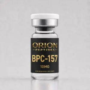 Orion Peptides BPC-157 10mg research vial with black and gold label