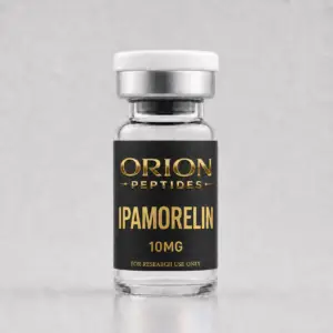 Orion Peptides Ipamorelin 10mg research vial with black and gold label