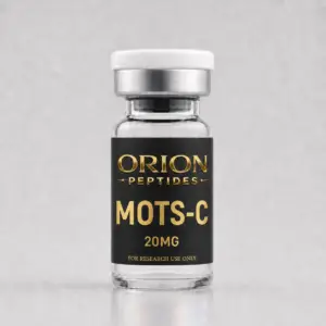 Orion Peptides MOTS-C 20mg research vial with black and gold label