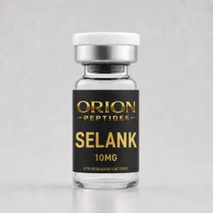 Orion Peptides Selank 10mg research vial with black and gold label