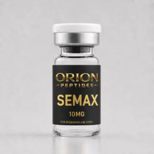 Orion Peptides Semax 10mg research vial with black and gold label