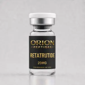 Orion Peptides Retatrutide 20mg research vial with black and gold label