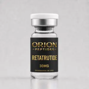 Orion Peptides Retatrutide 30mg research vial with black and gold label