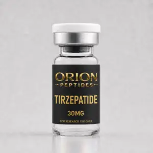 Orion Peptides Tirzepatide 30mg research vial with black and gold label