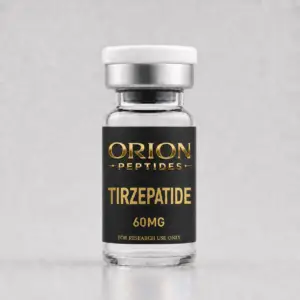 Orion Peptides Tirzepatide 60mg research vial with black and gold label