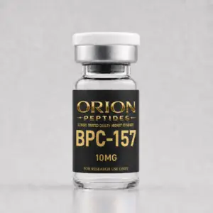 Orion Peptides BPC-157 10mg research vial with black and gold label