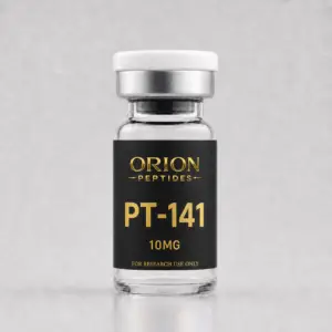 Orion Peptides PT-141 10mg research vial with black and gold label