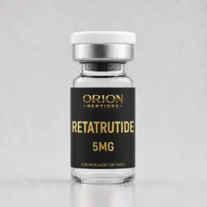 Orion Peptides Retatrutide 5mg research vial with black and gold label