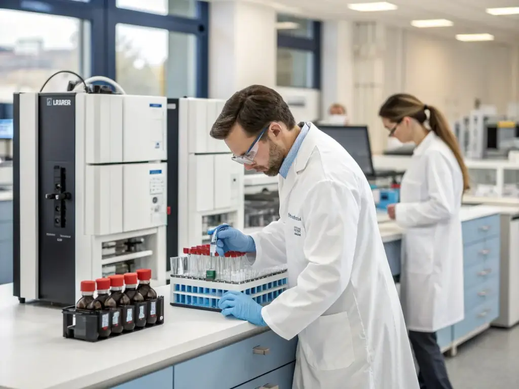 Two scientists in white lab coats loading sample vials into analytical testing instruments
