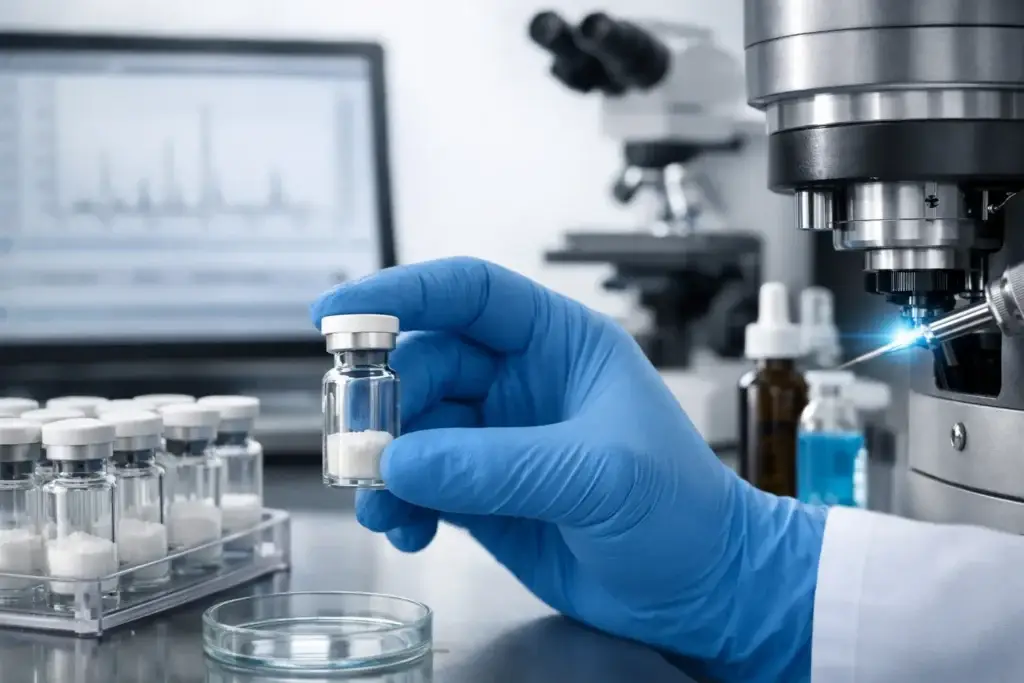 Gloved researcher inspecting a peptide vial in front of an HPLC chromatogram on a monitor