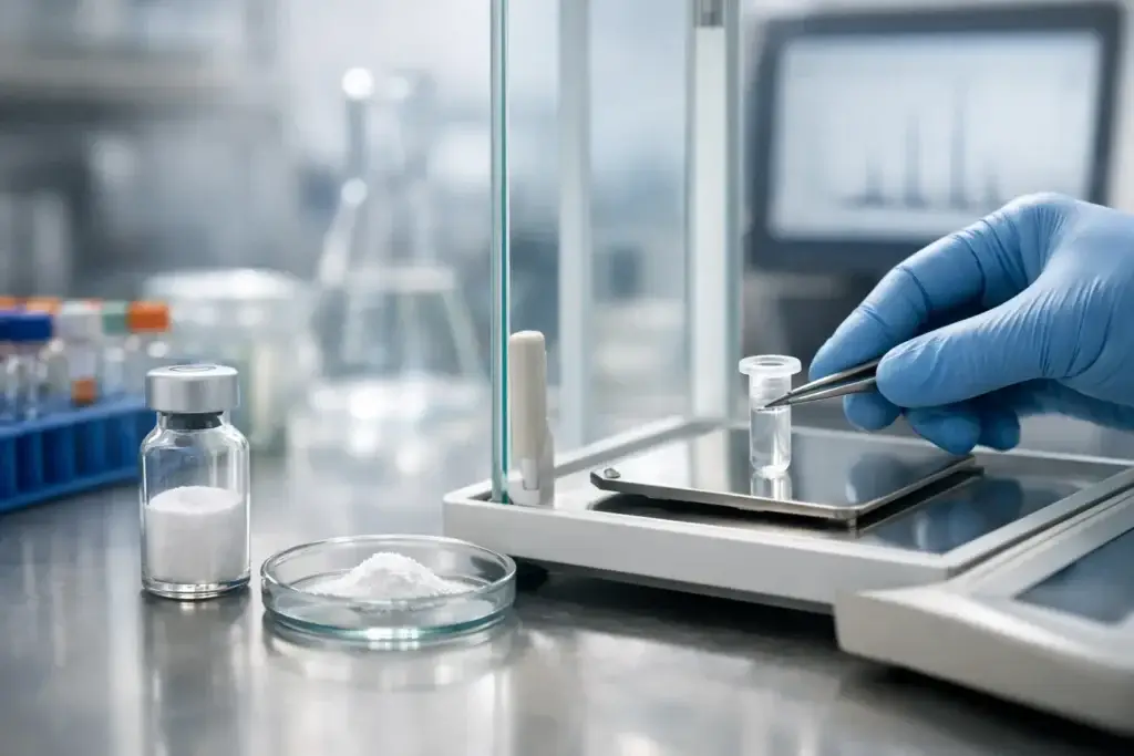 Gloved researcher weighing lyophilized peptide powder on an analytical balance in a testing lab