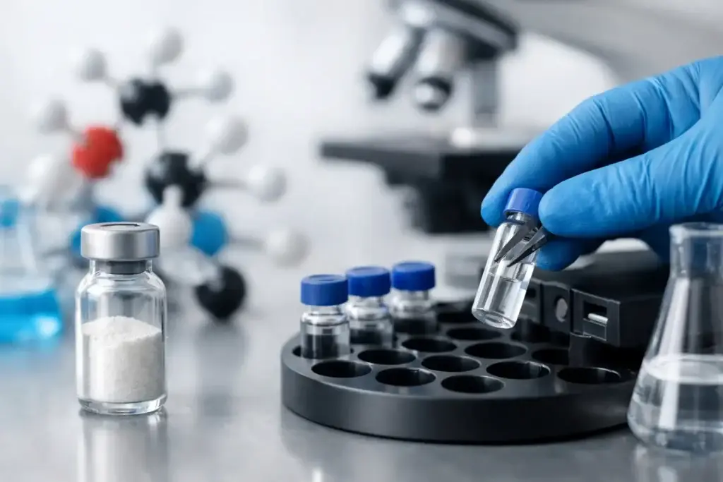 Gloved hand placing a peptide vial into a rack beside molecular models and a microscope
