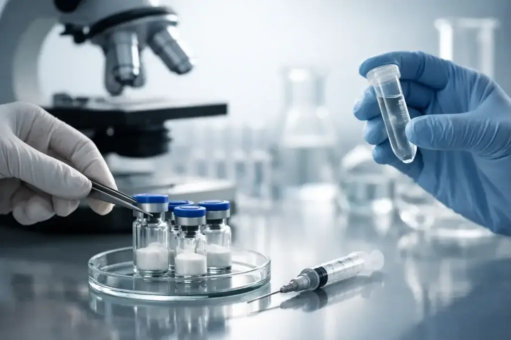 Gloved researcher examining sealed peptide vials in a petri dish beside a laboratory microscope