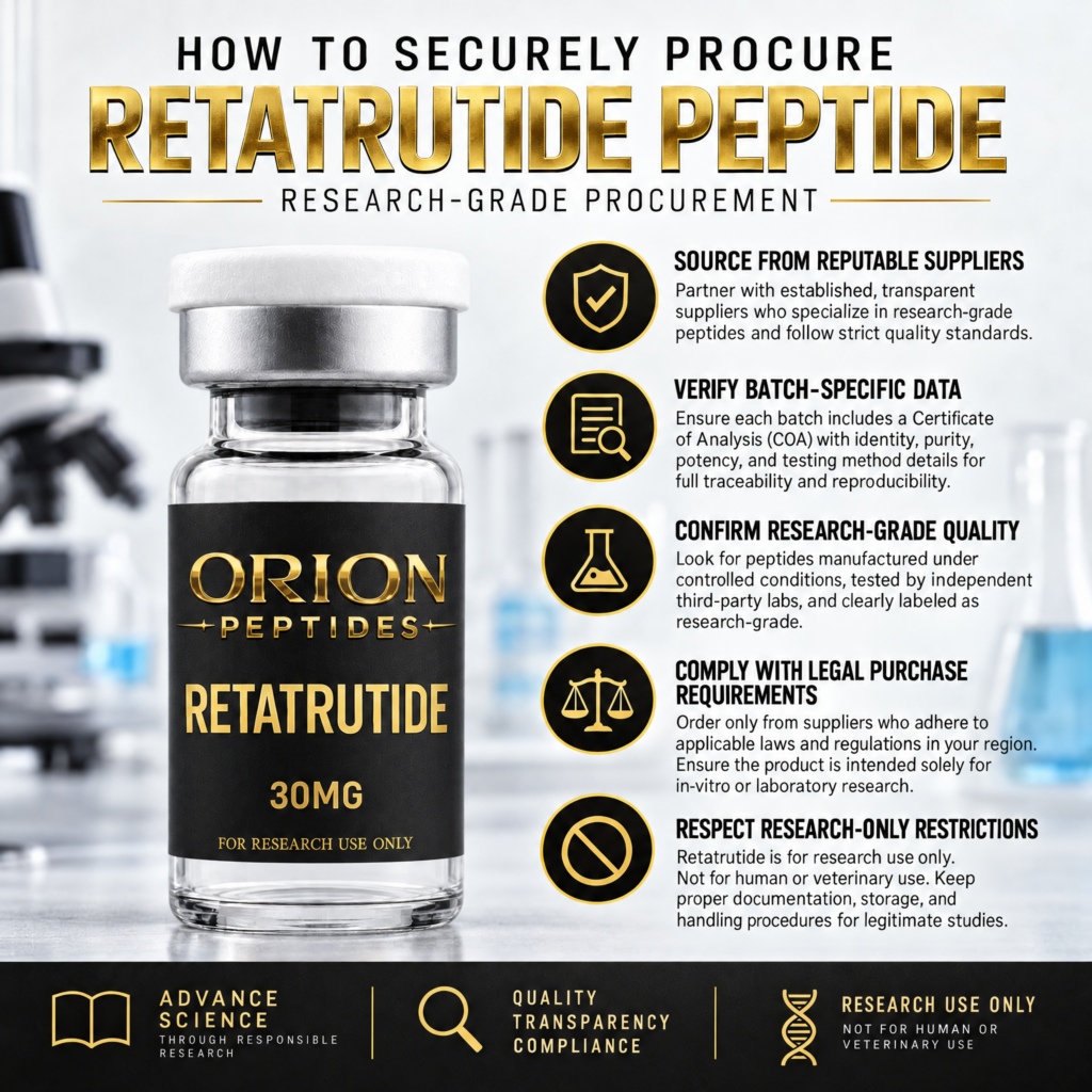 Discover how to securely procure Retatrutide Peptide for Sale: Research-Grade Procurement, emphasizing lawful sourcing, batch-specific data, and research-only restrictions for reputable studies.
