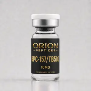 Orion Peptides BPC-157/TB-500 10mg blend research vial with black and gold label